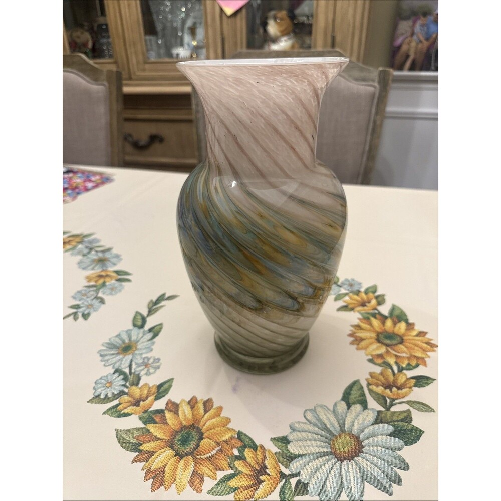 Murano Style Decorative Art Glass Vase, Glossy Swirl Pattern, Flared Rim, EUC!